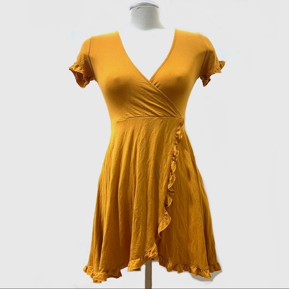 Forever 21 Like New Amber Yellow Ruffled Wrap Mini Dress Size Small - Picture 3 of 12